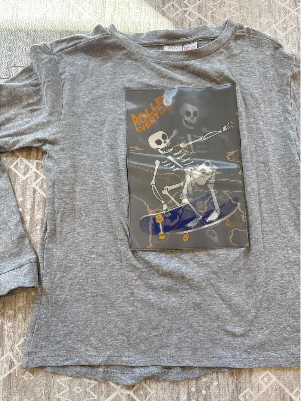 Zara Kids Grey Long Sleeve T-Shirt with Skeleton Skateboard Graphic